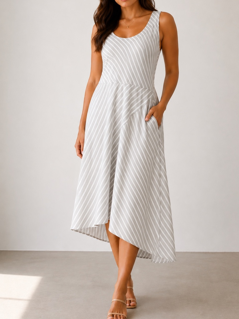 Rosso35 Linen Gray White Stripe Minimalist Vacation Asymmetrical Midi Dress